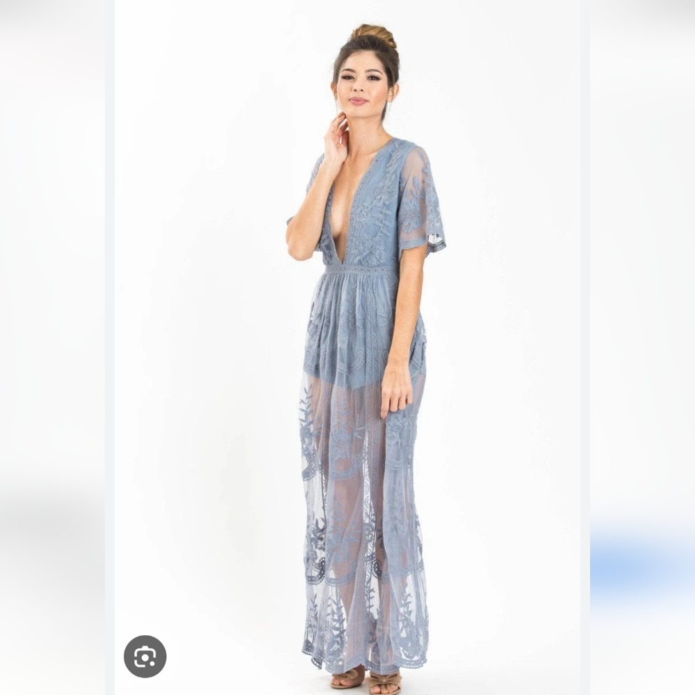 Honey Punch Blue Embroidered Maxi Dress